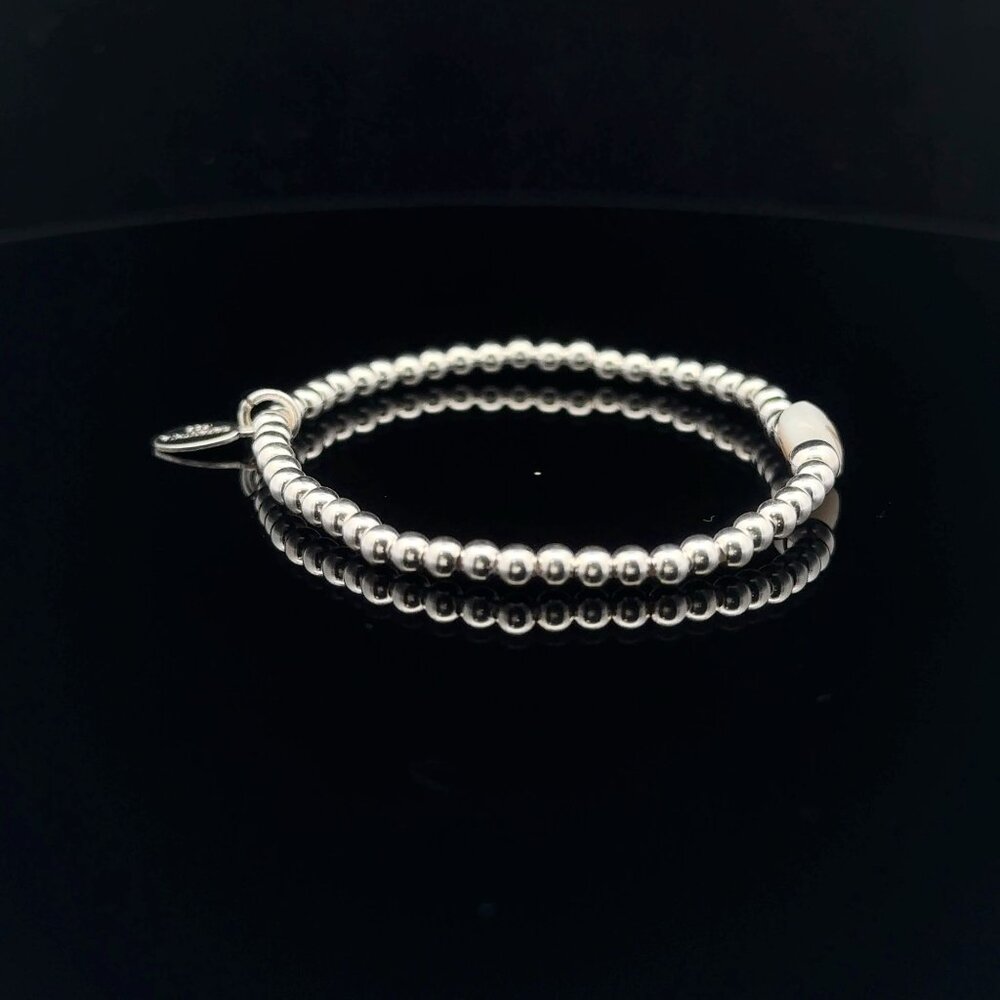 925 Sterling Silver Beaded Stretch Stacking Bracelet MOP Letter Initial N - Picture 4 of 6